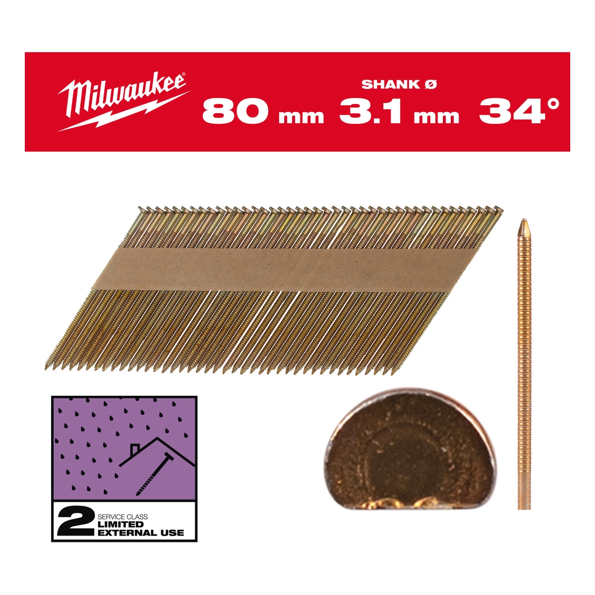 Milwaukee D-Kopf-Nägel für M18FFN 7,4 x 3,1 x 80 mm, Ringschaft verzinkt, 34° - 1 Pck.