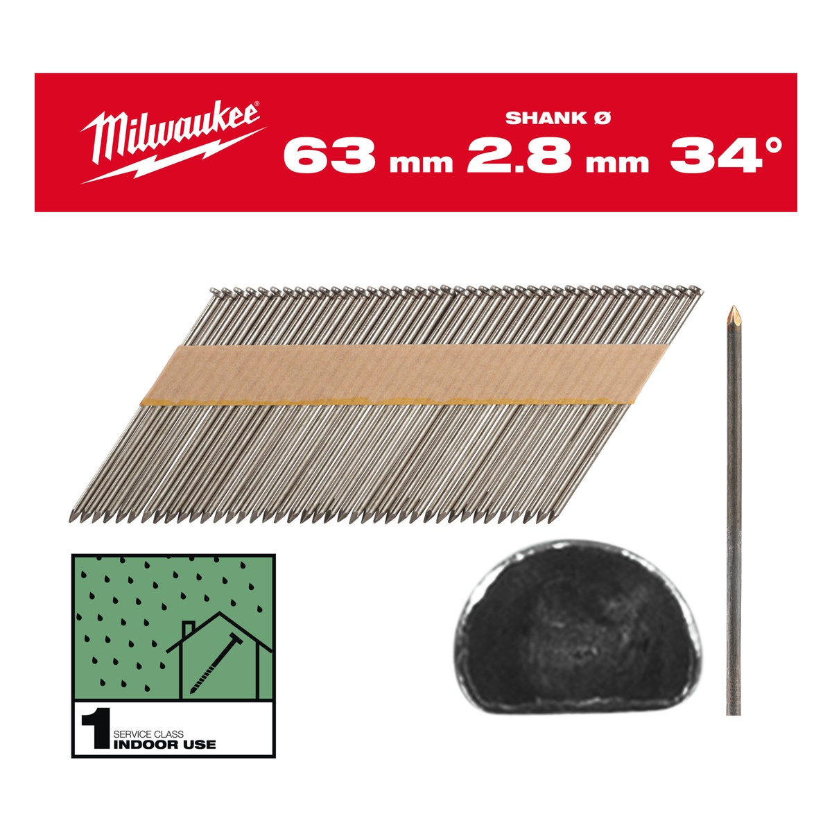 Milwaukee D-Kopf-Nägel für M18FFN 7,4 x 2,8 x 63 mm, Glattschaft Stahl blank, 34° - 1 Pck.