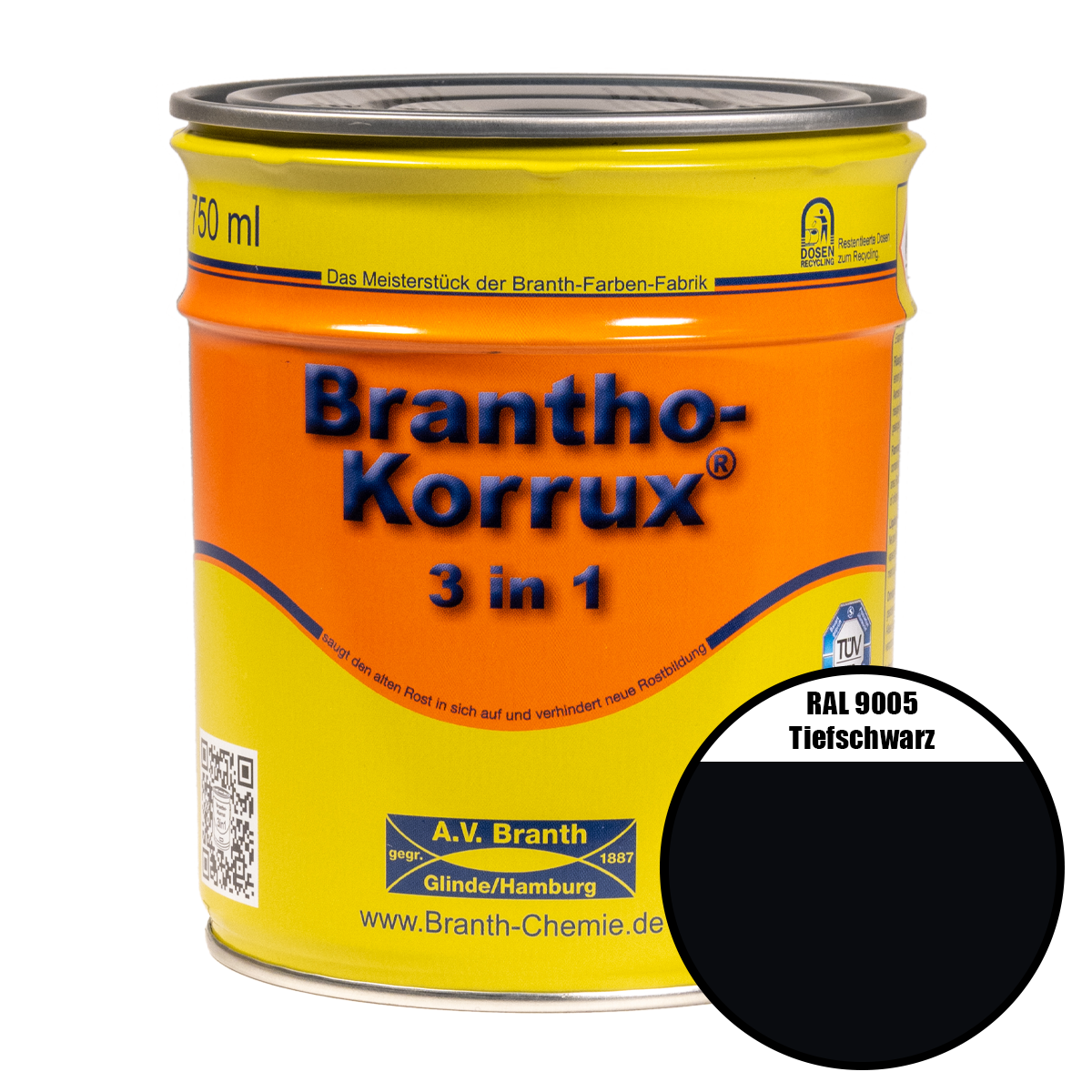 Brantho-Korrux "3 in 1" Metallschutzfarbe RAL 9005 tiefschwarz 0,75 l