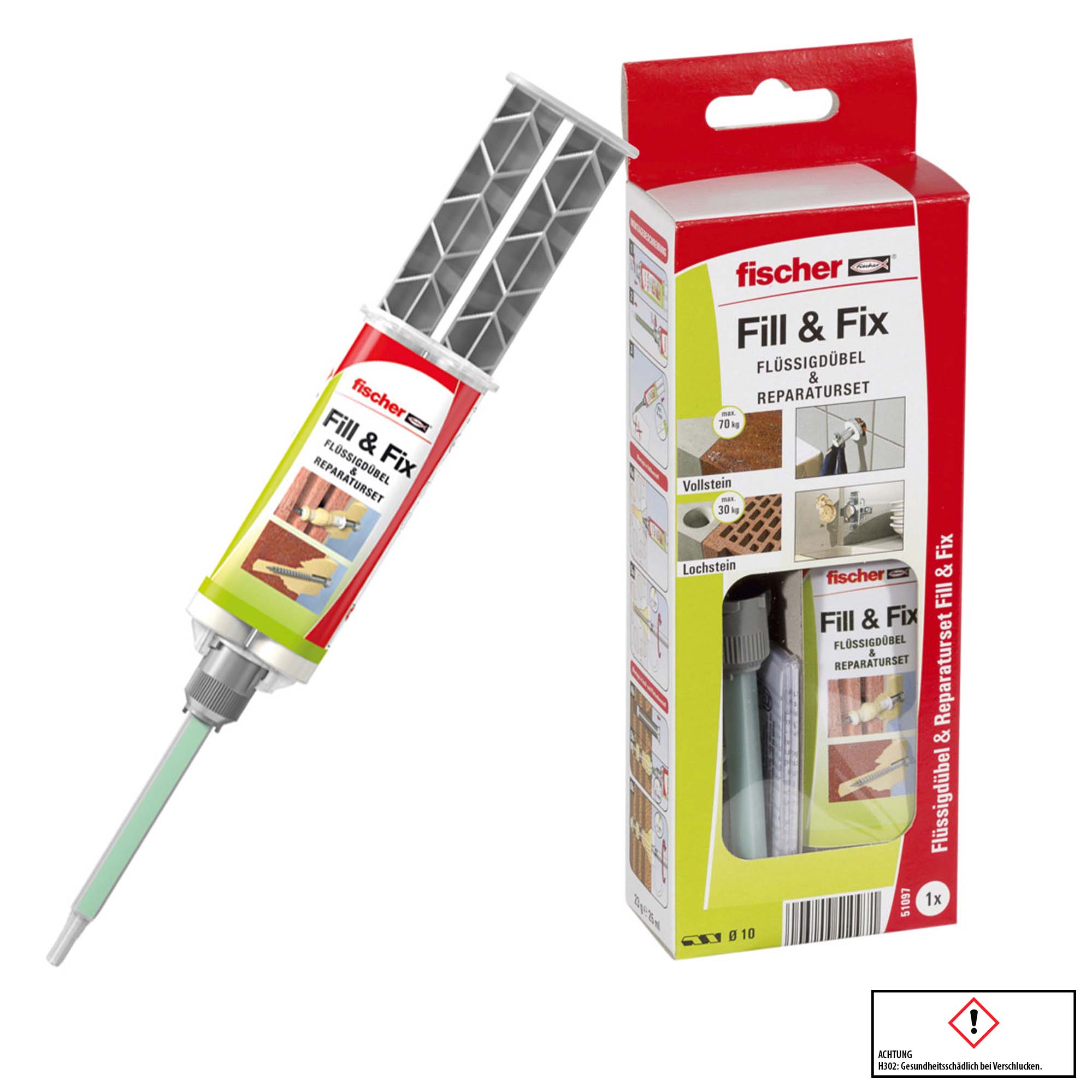 Fischer Fill & Fix Flüssigdübel Reparaturset Schrankscharnier Gardinenstange