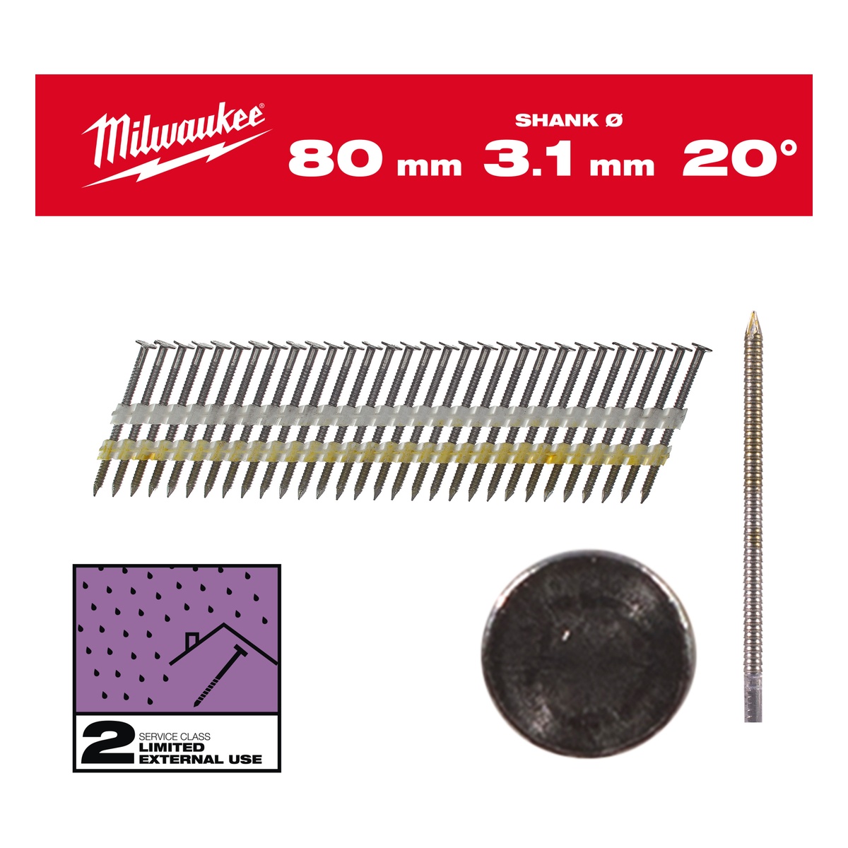 Milwaukee Rundkopf-Nägel für M18FFN21 7,4 x 3,1 x 80 mm, Ringschaft verzinkt, 20° - 1 Pck.