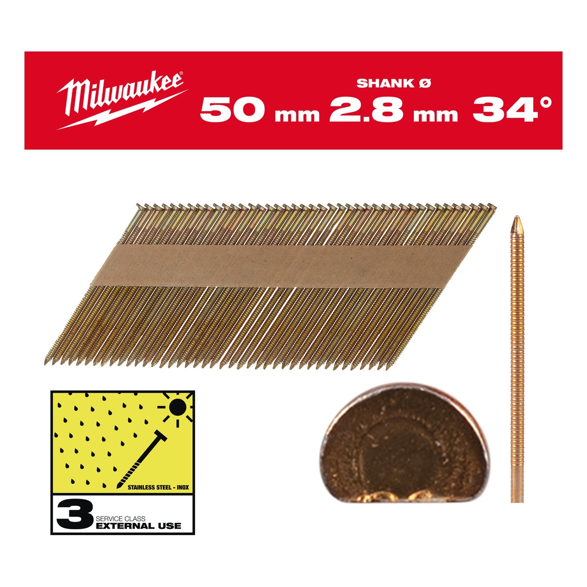 Milwaukee D-Kopf-Nägel für M18FFN 7,4 x 2,8 x 50 mm, Ringschaft feuerverzinkt, 34° - 1 Pck.