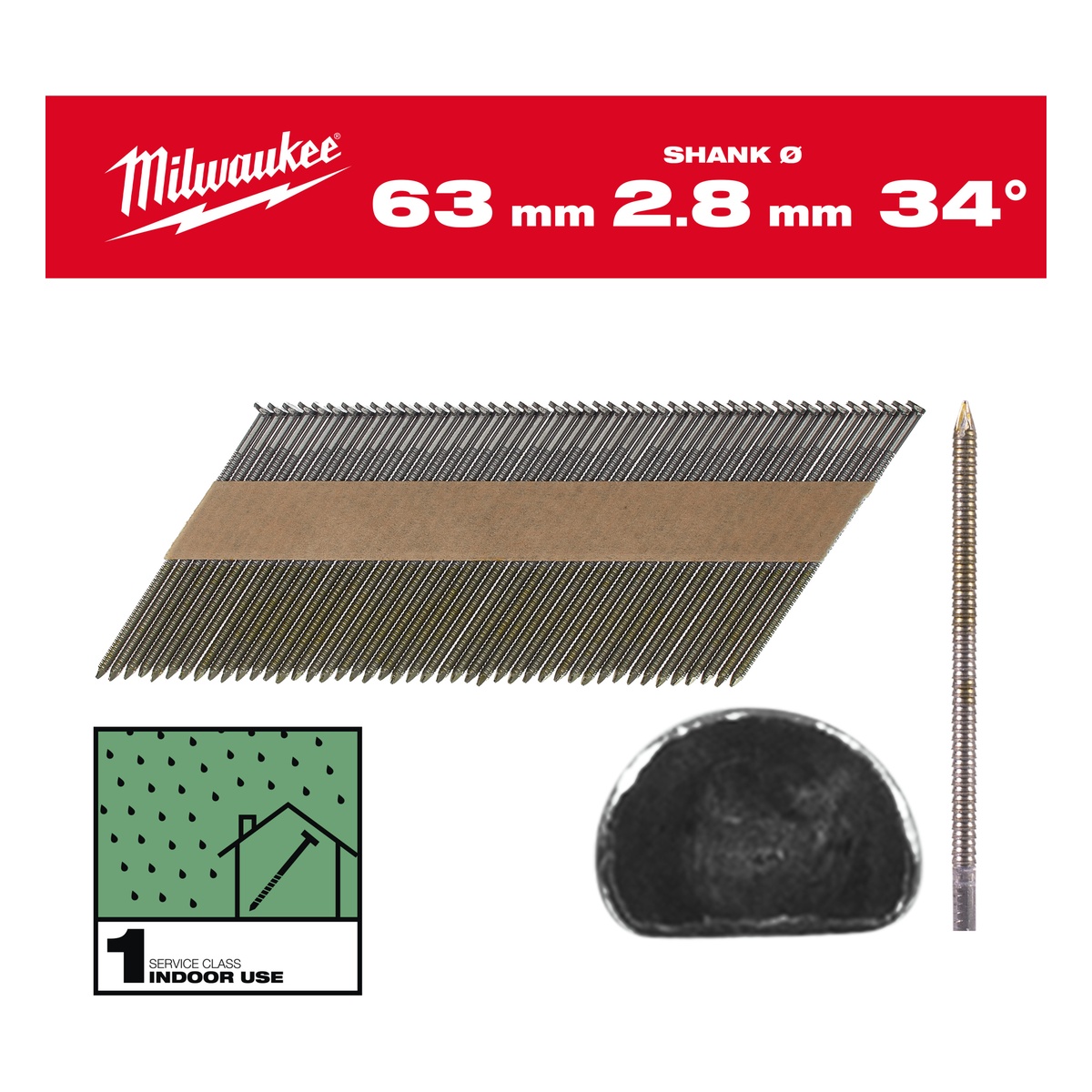 Milwaukee D-Kopf-Nägel für M18FFN 7,4 x 2,8 x 63 mm, Ringschaft blank, 34° - 1 Pck.