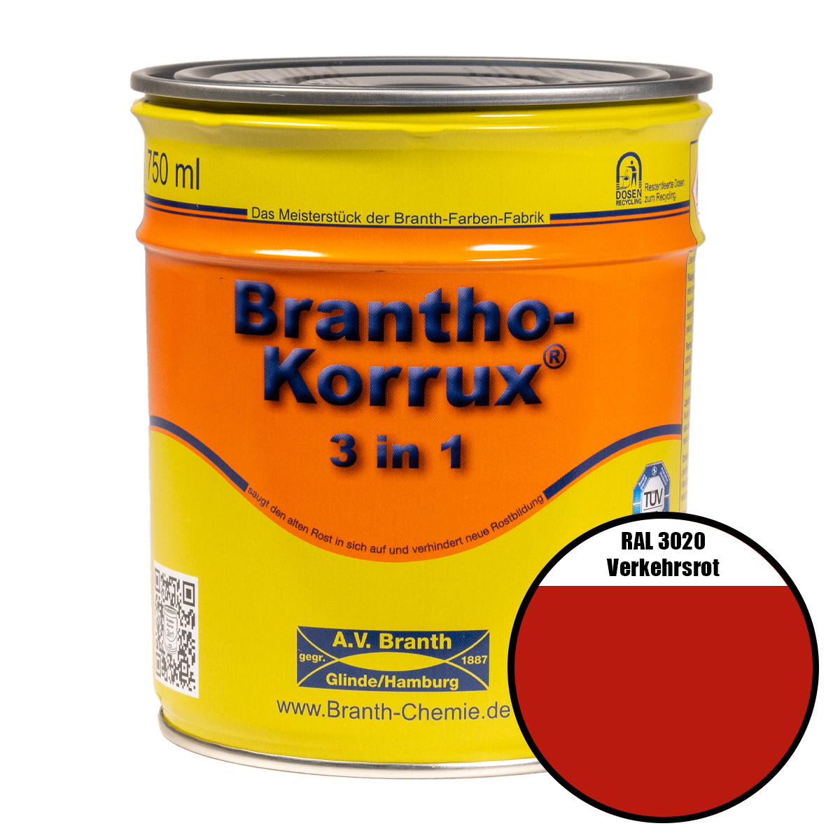 Brantho- Korrux "3 in 1" Metallschutzfarbe RAL 3020 verkehrsrot 0,75 l