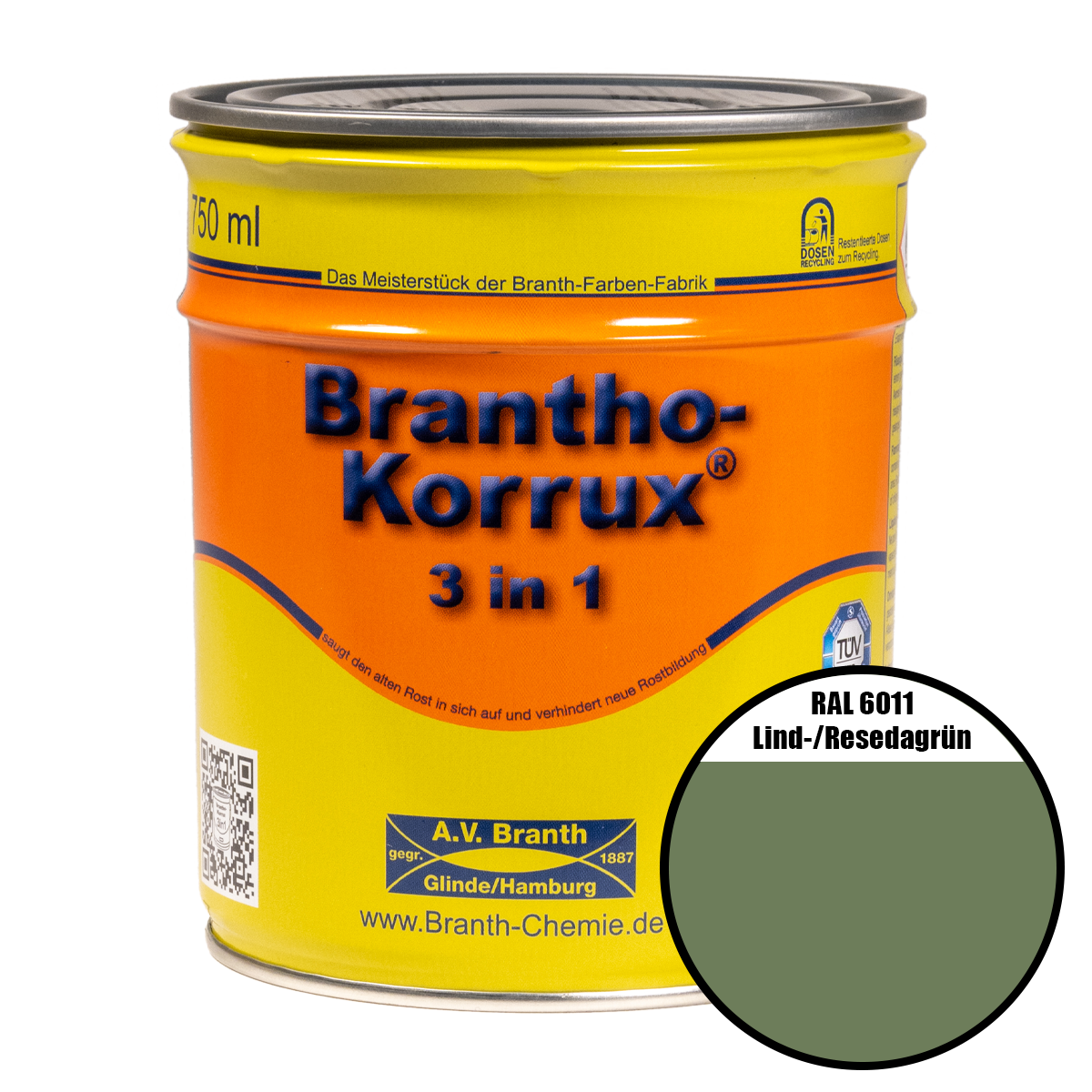 Brantho- Korrux "3 in 1" Metallschutzfarbe RAL 6011 lind-/resedagrün 0,75 l Dose