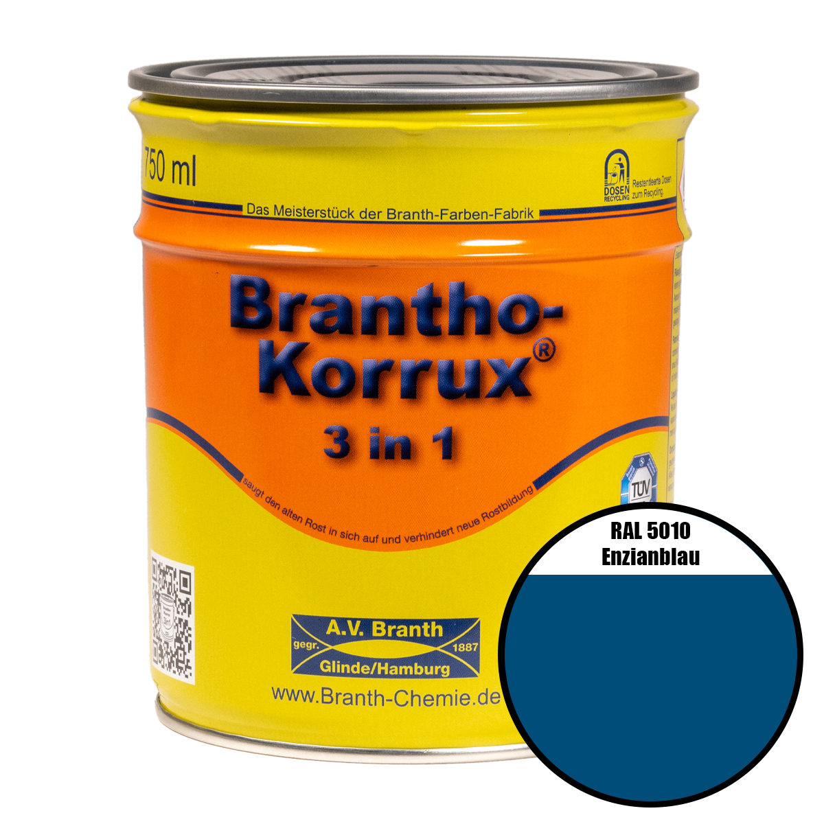 Brantho- Korrux "3 in 1" Metallschutzfarbe RAL 5010 enzianblau 0,75 l