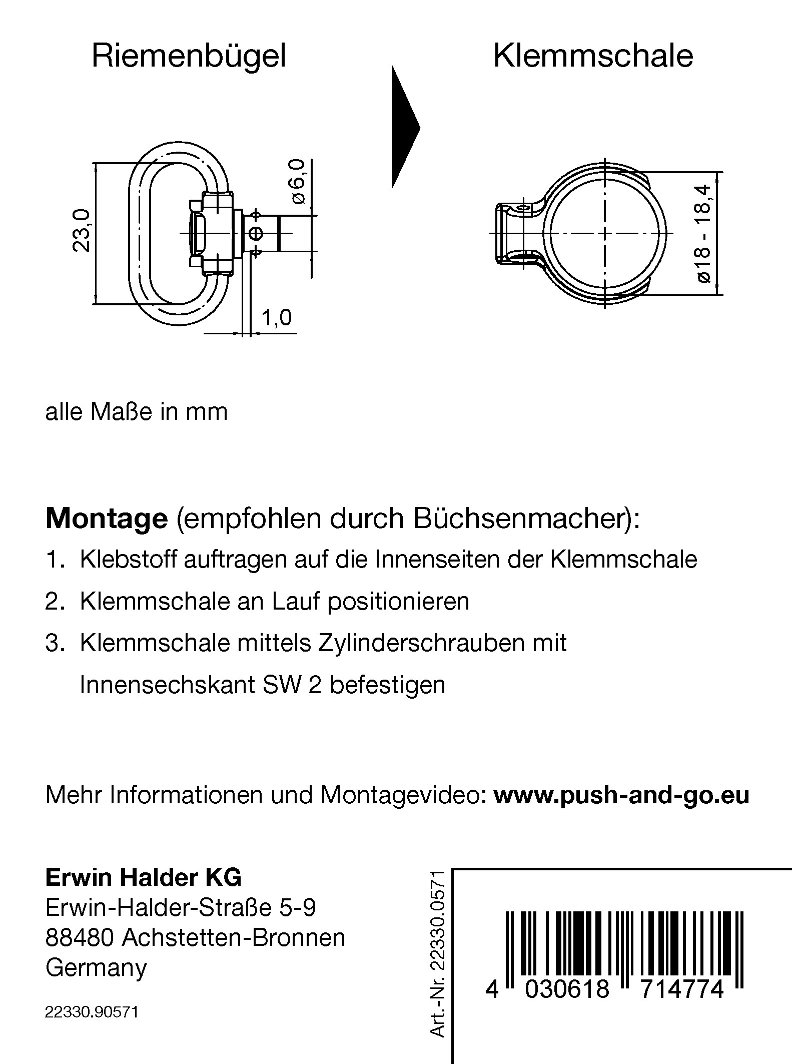 Halder schmaler Riemenbügel mit Klemmschale Ø18 (Kaliber 20)