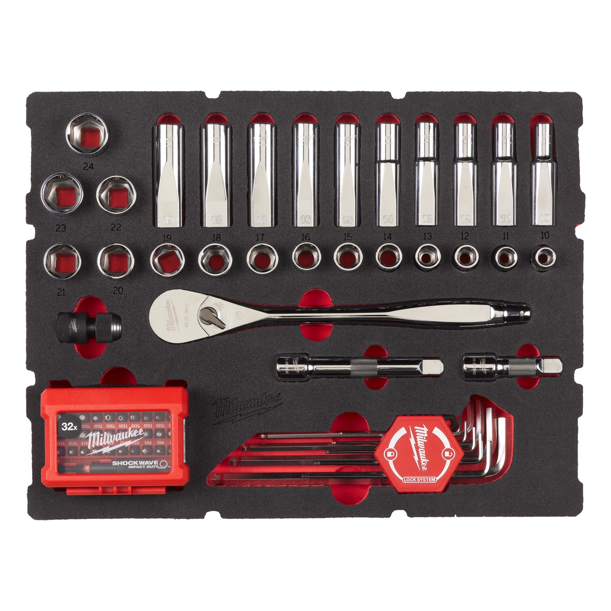 Milwaukee 70-teilige Einlage für PACKOUT Koffer mit Schubladen Sechskantschlüssel, SHOCKWAVE Bits & 1/2" Ratschen u. Steckschlüsseleinsätze Einlage - 1 Stk.