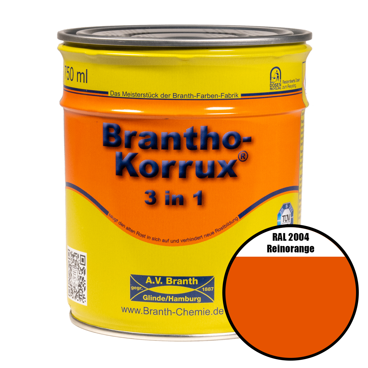 Brantho- Korrux "3 in 1" Metallschutzfarbe RAL 2004 reinorange 0,75 l