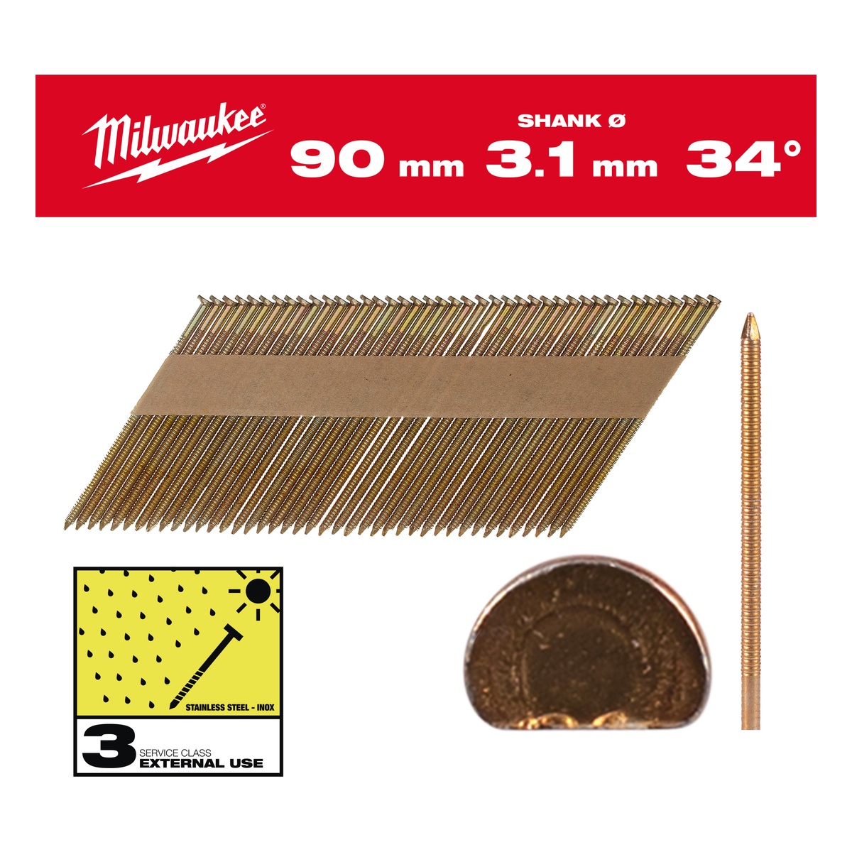 Milwaukee D-Kopf-Nägel für M18FFN 7,4 x 3,1 x 90 mm, Ringschaft feuerverzinkt, 34° - 1 Pck.