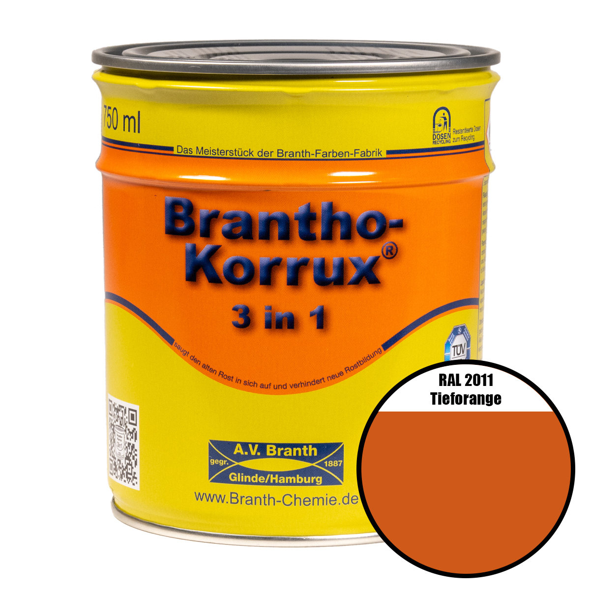 Brantho- Korrux "3 in 1" Metallschutzfarbe RAL 2011 tieforange 0,75 l