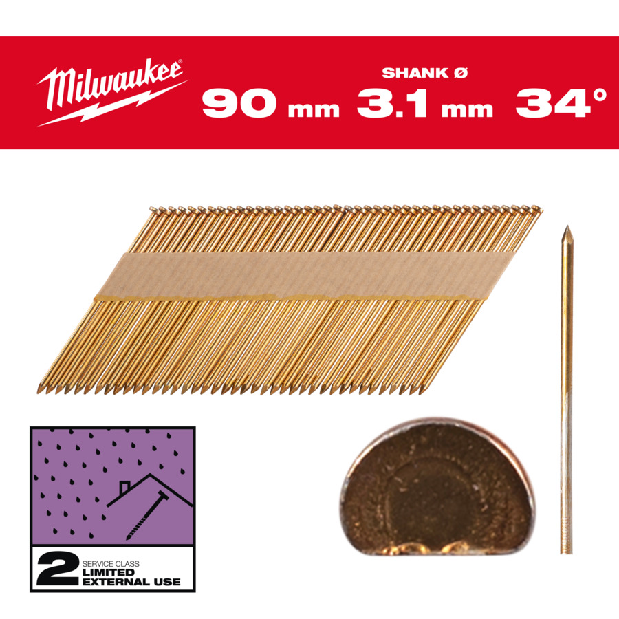 Milwaukee D-Kopf-Nägel für M18FFN 7,4 x 3,1 x 90 mm, Glattschaft Stahl verzinkt, 34° - 1 Pck.