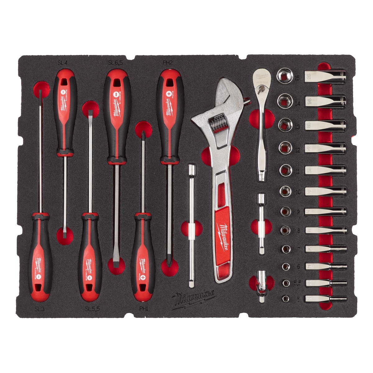 Milwaukee 35-teilige Einlage für PACKOUT Koffer mit Schubladen 1/4" Ratschen- u. Steckschlüsseleinsätze, Tri-Lobe-Schraubendreher & Rollgabelschlüssel Einlage - 1 Stk.